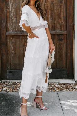 V-Neck Short Sleeves Tea Length White Graduation Dress