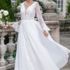 White A Line V Neck Long Sleeves Beach Boho Wedding Dress with Appliqued Lace