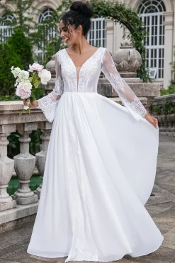 White A Line V Neck Long Sleeves Beach Boho Wedding Dress with Appliqued Lace