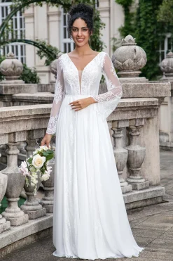 White A Line V Neck Long Sleeves Beach Boho Wedding Dress with Appliqued Lace