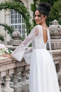 White A Line V Neck Long Sleeves Beach Boho Wedding Dress with Appliqued Lace