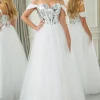 White A-line Off the Shoulder Tulle Corset Prom Dress