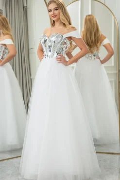 White A-line Off the Shoulder Tulle Corset Prom Dress