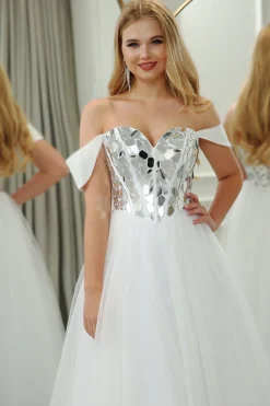 White A-line Off the Shoulder Tulle Corset Prom Dress