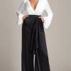 White and Black Deep V-neck Satin Long Sleeves Mother of the Bride Jumpsuits