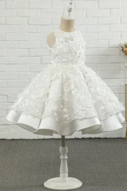 White Applique Sleeveless Flower Girl Dress