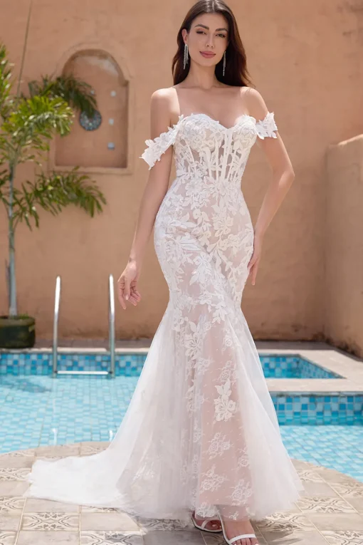 White Appliques Mermaid Off the Shoulder Wedding Dress