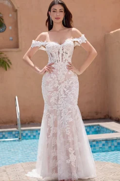 White Appliques Mermaid Off the Shoulder Wedding Dress