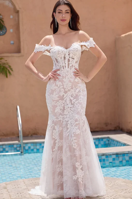 White Appliques Mermaid Off the Shoulder Wedding Dress
