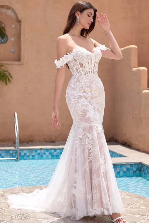 White Appliques Mermaid Off the Shoulder Wedding Dress