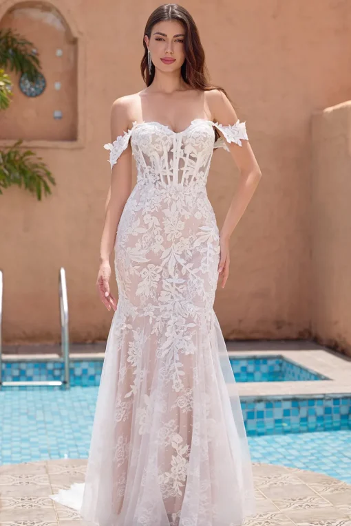 White Appliques Mermaid Off the Shoulder Wedding Dress