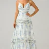 White Blue Flower A Line Long Tulle Bridesmaid Dress with Ruffles