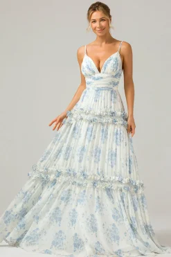 White Blue Flower A Line Long Tulle Bridesmaid Dress with Ruffles