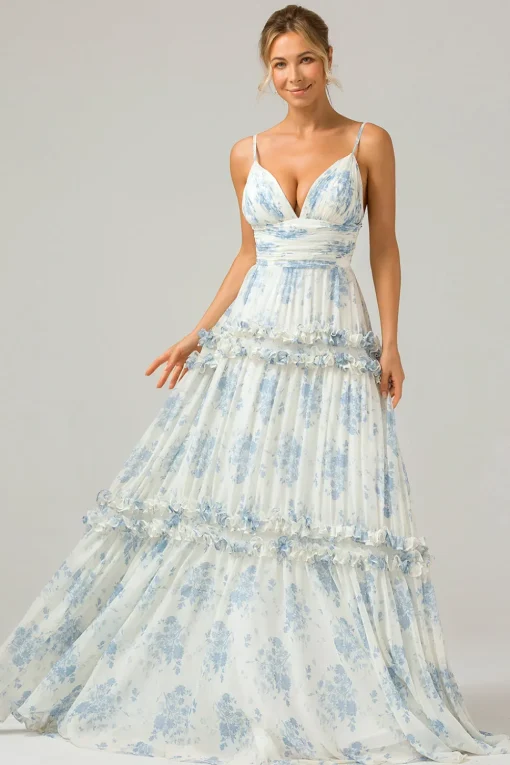White Blue Flower A Line Long Tulle Bridesmaid Dress with Ruffles