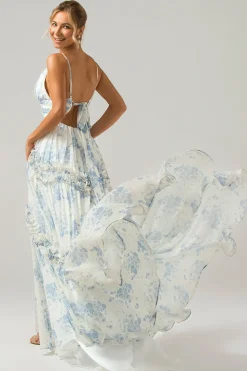 White Blue Flower A Line Long Tulle Bridesmaid Dress with Ruffles