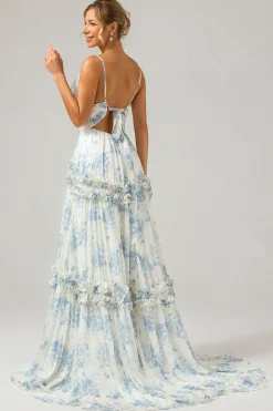 White Blue Flower A Line Long Tulle Bridesmaid Dress with Ruffles