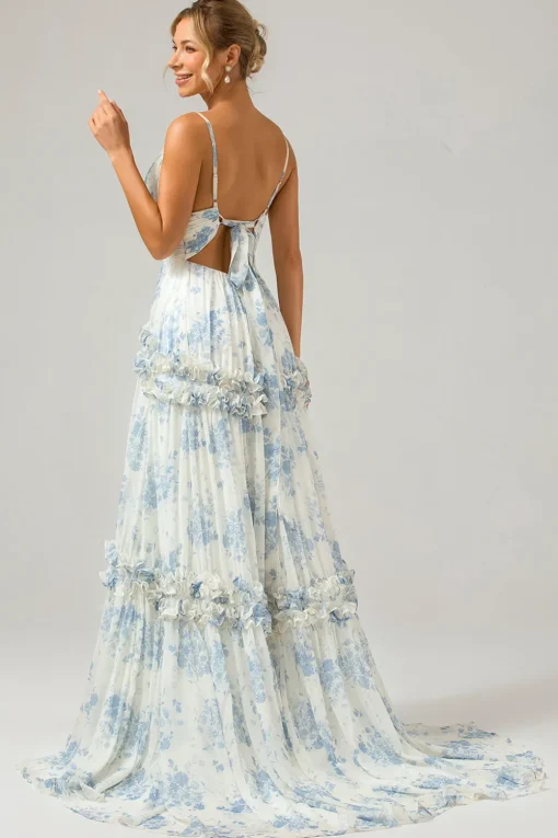 White Blue Flower A Line Long Tulle Bridesmaid Dress with Ruffles