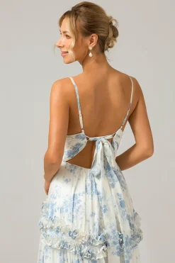White Blue Flower A Line Long Tulle Bridesmaid Dress with Ruffles