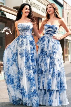 White Blue Flower A-Line Spaghetti Straps Ruched Corset Long Prom Dress With Slit
