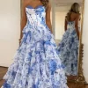 White Blue Flower Corset A Line Tiered Strapless Long Prom Dress