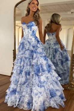 White Blue Flower Corset A Line Tiered Strapless Long Prom Dress