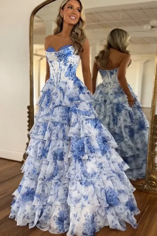 White Blue Flower Corset A Line Tiered Strapless Long Prom Dress
