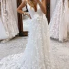 White Deep V-Neck Backless Long Wedding Dress with Appliques