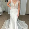 White Deep V-Neck Mermaid Long Wedding Dress with Lace