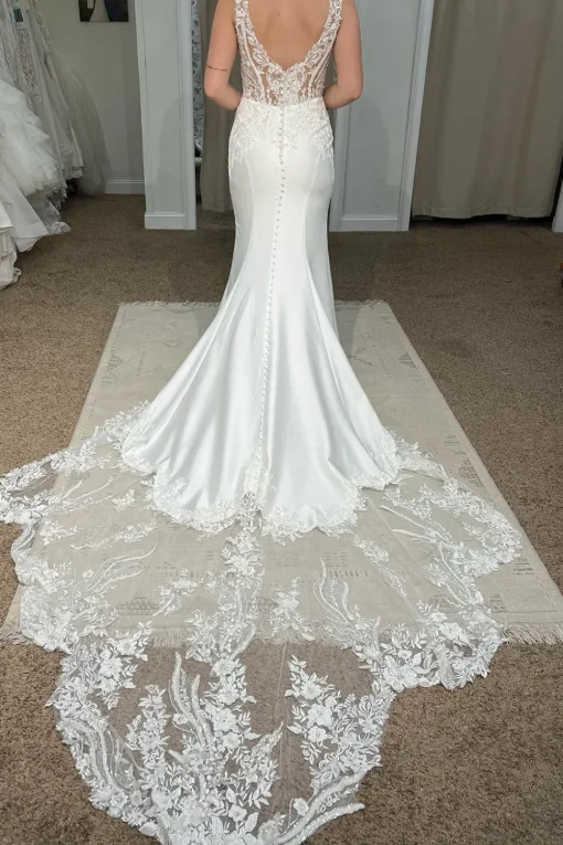 White Deep V-Neck Mermaid Long Wedding Dress with Lace