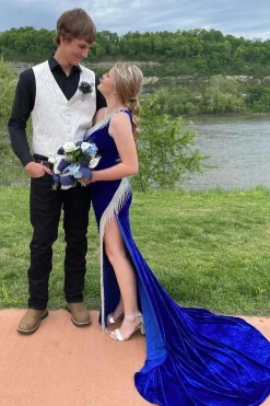 White Jacquard Vest and Black Pants 2 Pieces Men Set