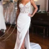 White Lace-Up Back Wedding Dress with Slit