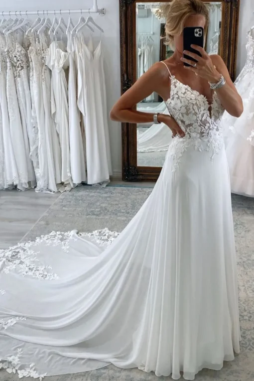 White Long Chiffon Boho A-Line Wedding Dress with Lace