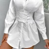 White Long Sleeves Mini Graduation Dress with Lace Up
