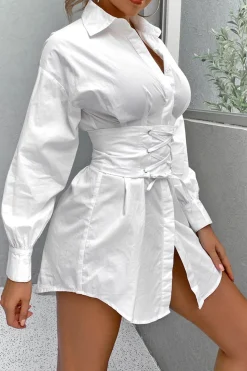 White Long Sleeves Mini Graduation Dress with Lace Up