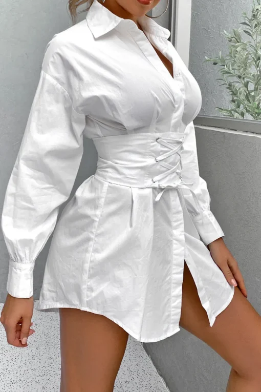 White Long Sleeves Mini Graduation Dress with Lace Up