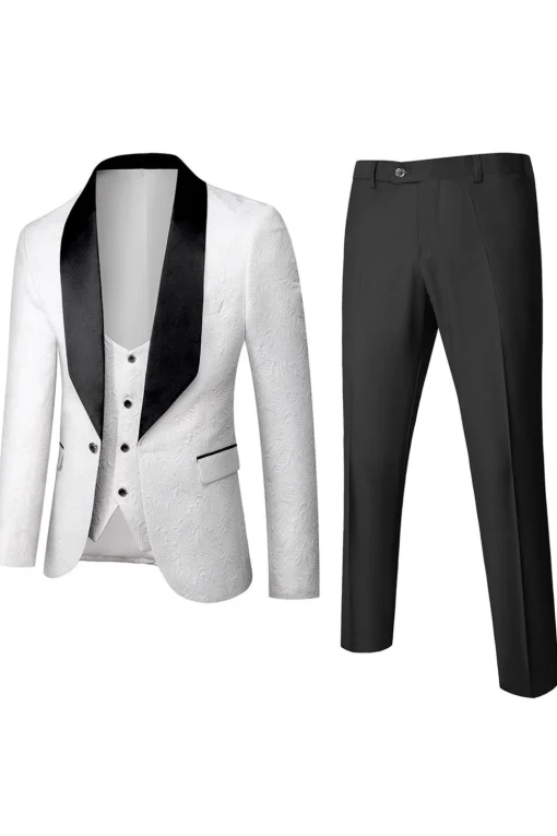 White Men's 3-Piece Suits Jacquard Tuxedo