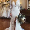 White Mermaid Boho Long Lace Wedding Dress with Sleeves
