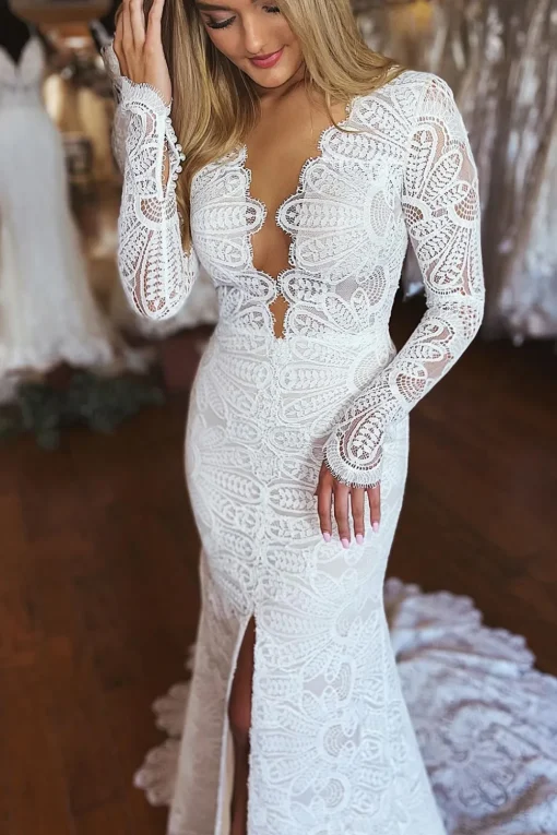 White Mermaid Boho Long Lace Wedding Dress with Sleeves