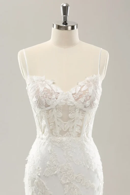 White Mermaid Spaghetti Straps Applique Lace Corset Wedding Dress with Lace-up Back