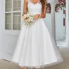 White Mid-Calf Tulle Wedding Dress with Lace