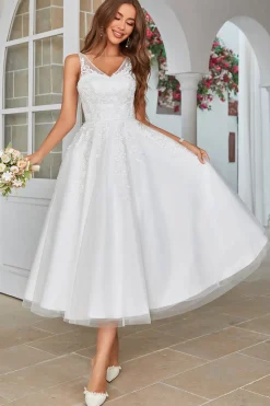 White Mid-Calf Tulle Wedding Dress with Lace