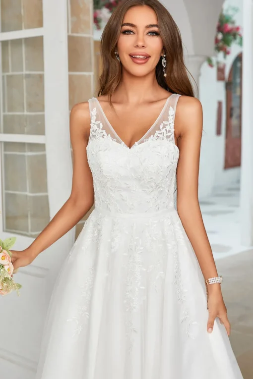 White Mid-Calf Tulle Wedding Dress with Lace
