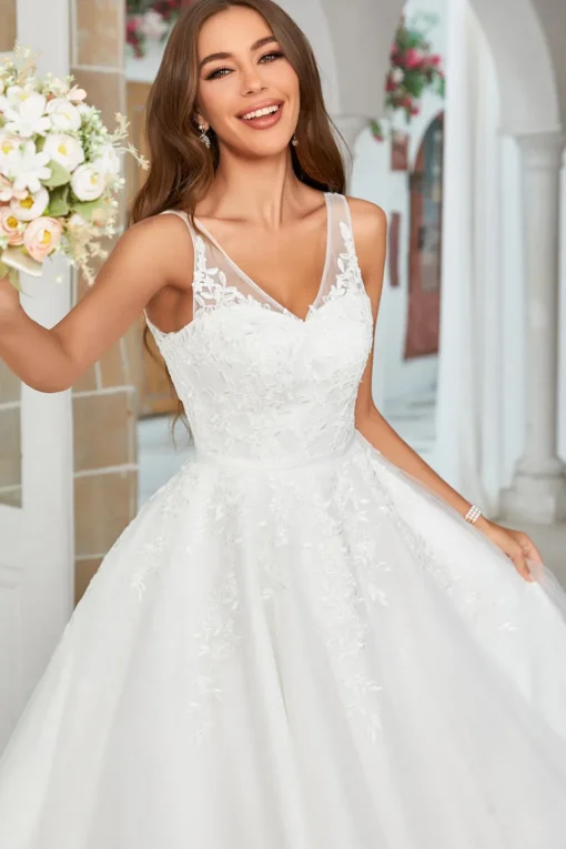 White Mid-Calf Tulle Wedding Dress with Lace