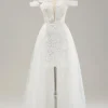 White Off the Shoulder Cut Out Wedding Dress with Detachable Tulle