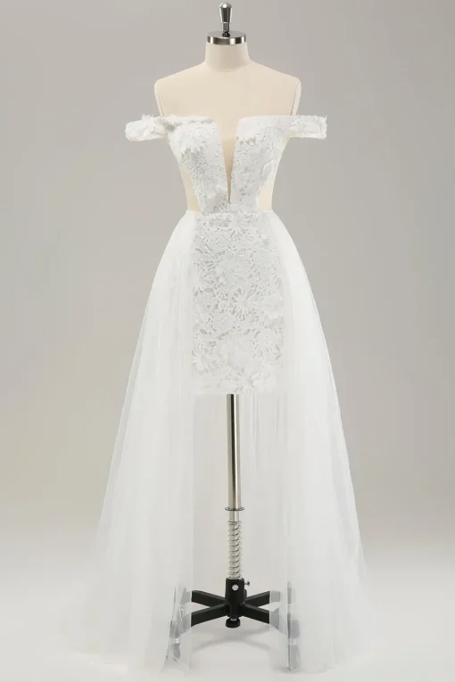 White Off the Shoulder Cut Out Wedding Dress with Detachable Tulle