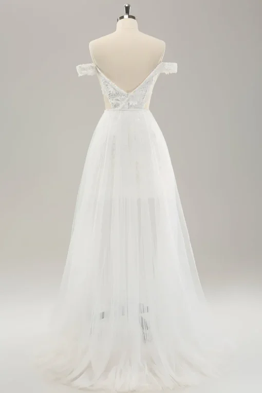 White Off the Shoulder Cut Out Wedding Dress with Detachable Tulle