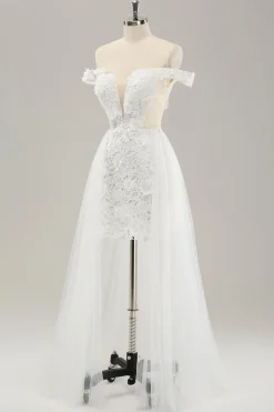 White Off the Shoulder Cut Out Wedding Dress with Detachable Tulle