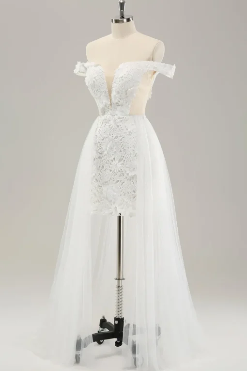 White Off the Shoulder Cut Out Wedding Dress with Detachable Tulle