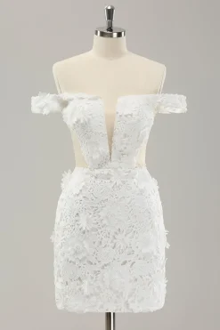 White Off the Shoulder Cut Out Wedding Dress with Detachable Tulle