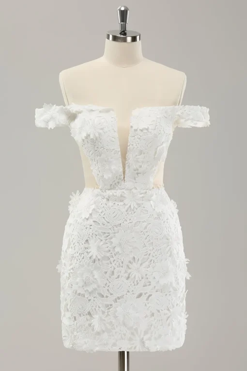 White Off the Shoulder Cut Out Wedding Dress with Detachable Tulle
